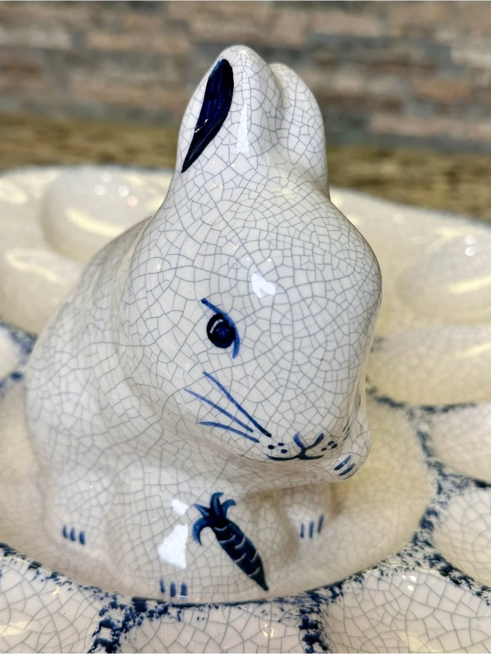 Ceramic Bunny Deviled Egg Platter - Blue and Cream Potting Shed Dedham